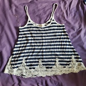 White Blue Striped Lace Top